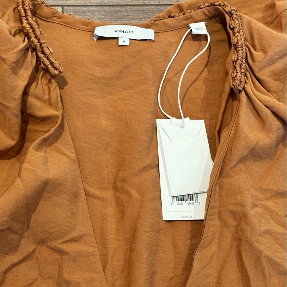 NWT! Vince Braid Trim Flutter Sleeve Wrap Dress in Copper Size Medium - Picture 5 of 11